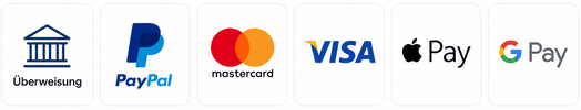 Verfügbare Zahlungsarten: Überweisung, PayPal, Mastercard, Visa, Apple Pay und Google Pay