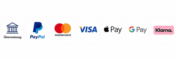 Verfügbare Zahlungsarten: Überweisung, PayPal, Mastercard, Visa, Apple Pay, Google Pay und Klarna
