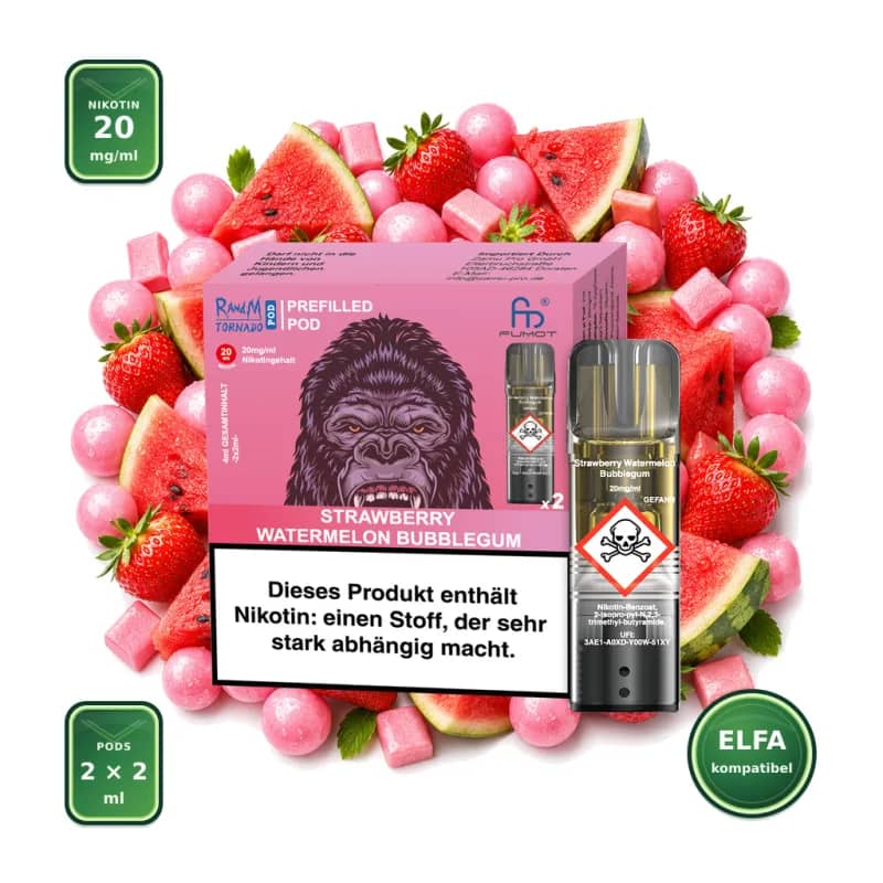 Fumot RandM Tornado Prefilled Pods 2x2 ml - Strawberry Watermelon Bubblegum - 20 mg/ml